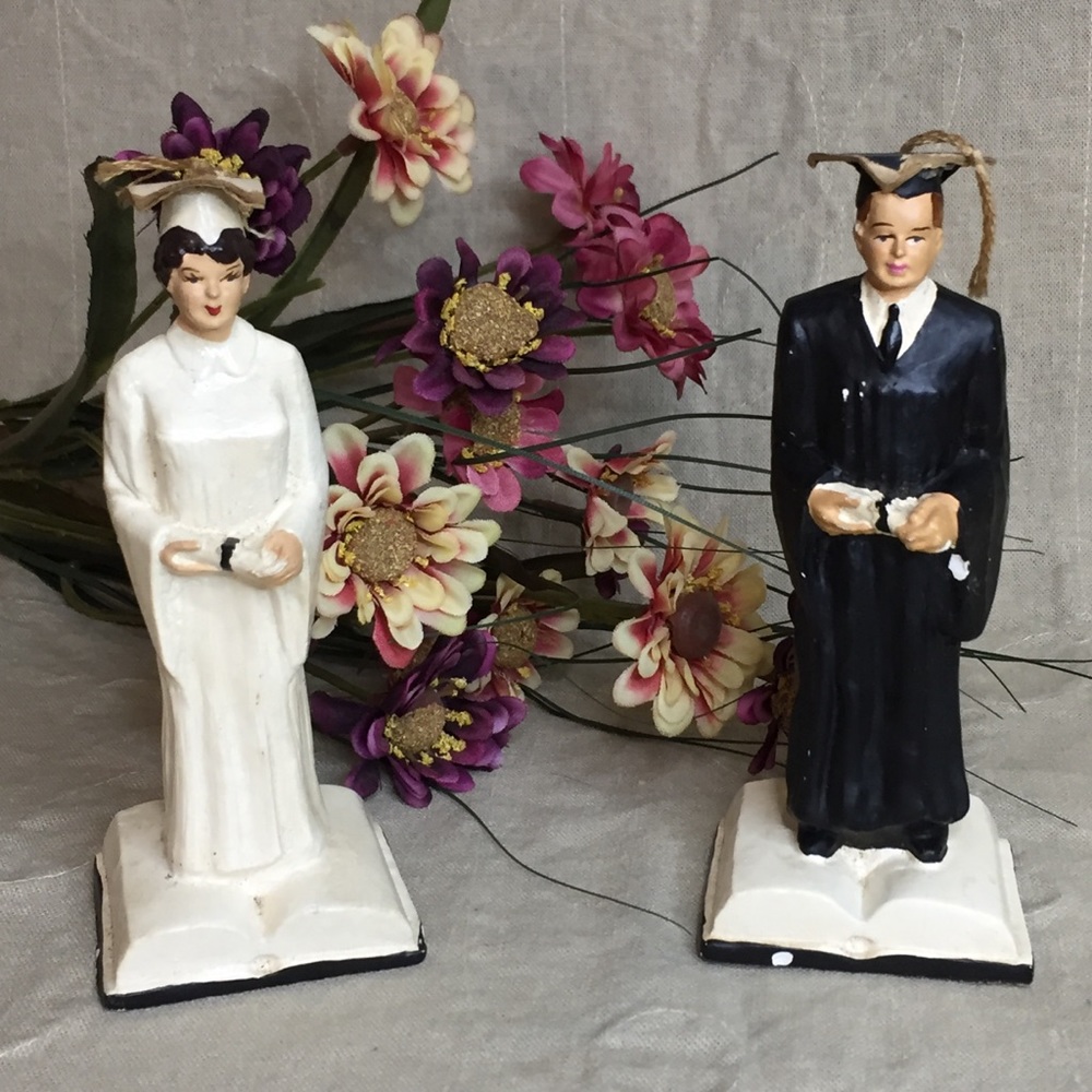 Vintage Chalkware Graduation Figures Dated 1958